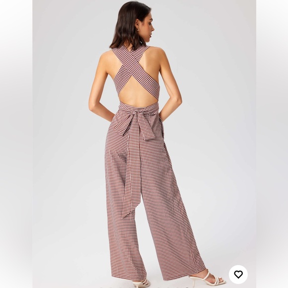 Cider Brown Gingham Plunge V-Neck One Piece Wide Leg Pantsuit Jumpsuit Size XL - Picture 4 of 16